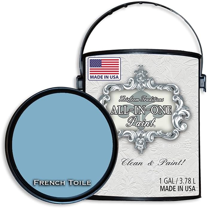 ALL-IN-ONE Paint, Durable cabinet and furniture paint. Built in primer and top coat, no sanding needed. Includes our 30 featured color card - French Toile (warm blue), Gallon