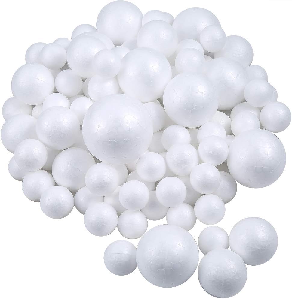 Pllieay 100 White Foam Balls - 5 Sizes, Polystyrene Craft Ball for DIY Art, School Projects and Christmas Decoration