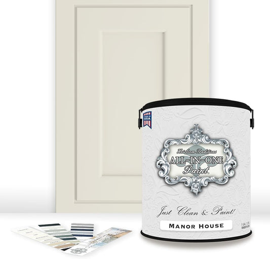 ALL-IN-ONE Paint, Durable cabinet and furniture paint. Built in primer and top coat, no sanding needed. Includes our 30 featured color card - Manor House (creamy off white), Gallon