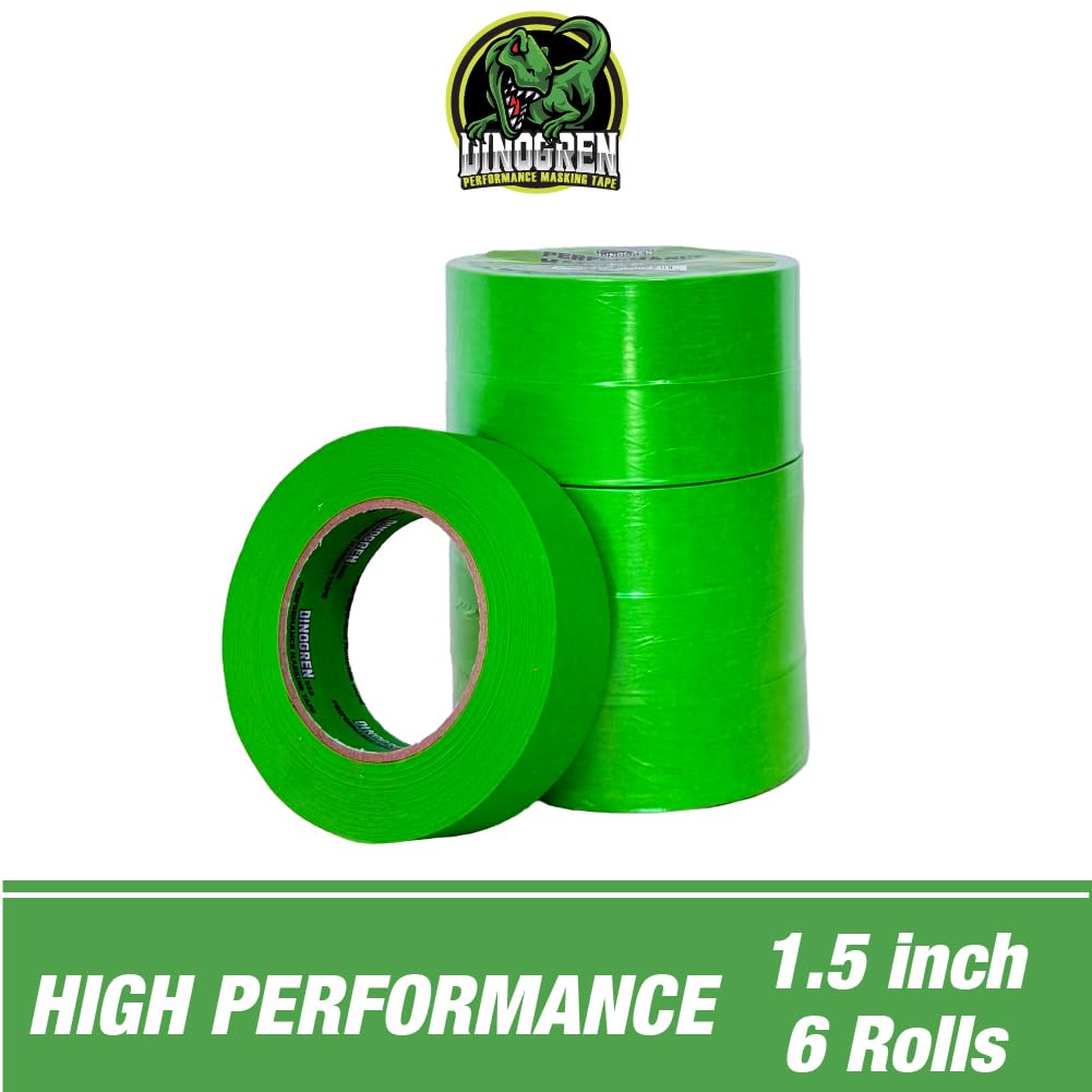 LAUCO DINOGREN High Performance Masking Tape for Car Paint, Heat & Water Resistant, Multi-Purpose Green (1.5 in x 60 yd, 6 Rolls) – Clean Removal, Auto Body Shop, Industrial Use, Crepe Backed*