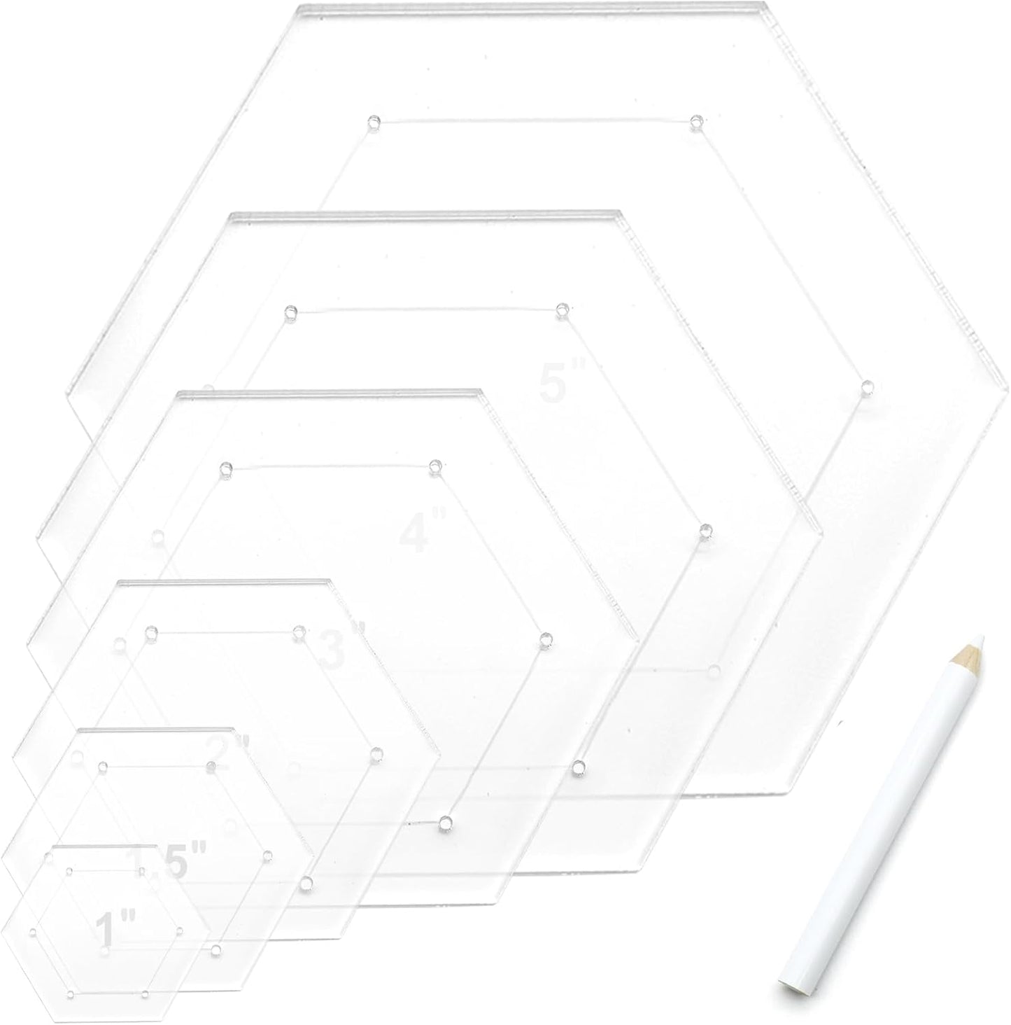 7 Pieces Hexagon Quilting Template with Tailors Chalk Pencil,Acrylic Quilting Rulers Templates with 1/4 Seam Allowance for DIY Sewing Crafts Including 1 Inch,1.5 Inch,2 Inch,3 Inch,4 Inch,5 Inch