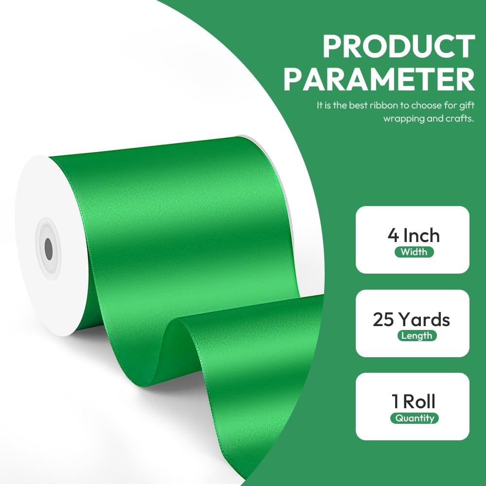 4" x 25 Yards Satin Ribbon, Green Silk Ribbon Ideal for Gift Wrapping, Floral Bouquets, Crafts, Wedding Party Decorations, Christmas and Sewing Projects