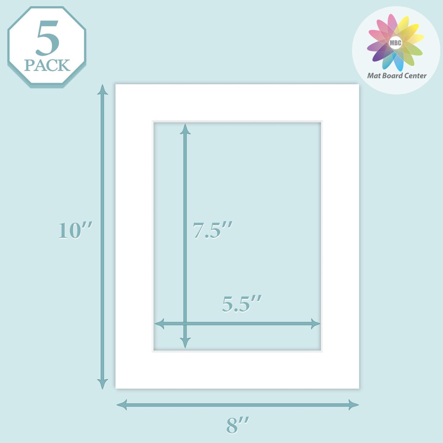 MBC Mat Board Center, 5 Pack 8x10 for 6x8 White Picture Mats Frame Mattes, Bevel Cut, Acid Free, 4-ply Thickness