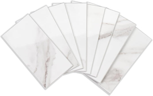 4 Pieces Peel and Stick Backsplash for Kitchen, 3" x 6" PVC Subway Tile 2024 Upgraded Glossy White Marble with White Grout Backsplash Stick on Tile Elevate Kitchen Fireplace RV