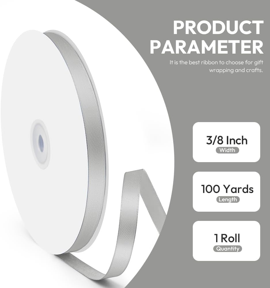 3/8" x 100 Yards Satin Ribbon - Silver Silk Ribbon with Spool - Ideal for Gift Wrapping, Floral Bouquets, Crafts, Wedding Party Decorations, Christmas and Sewing Projects