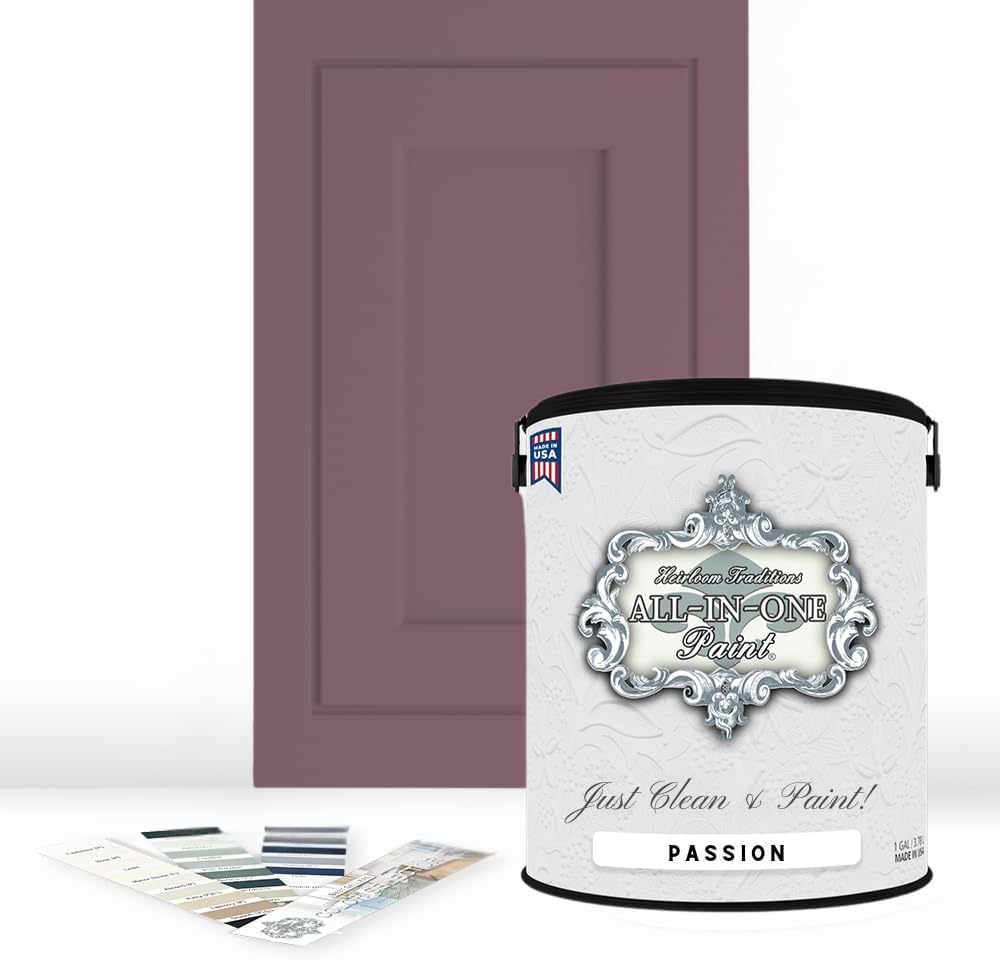 ALL-IN-ONE Paint, Durable cabinet and furniture paint. Built in primer and top coat, no sanding needed. Includes our 30 featured color card - Passion (plum rose), Gallon