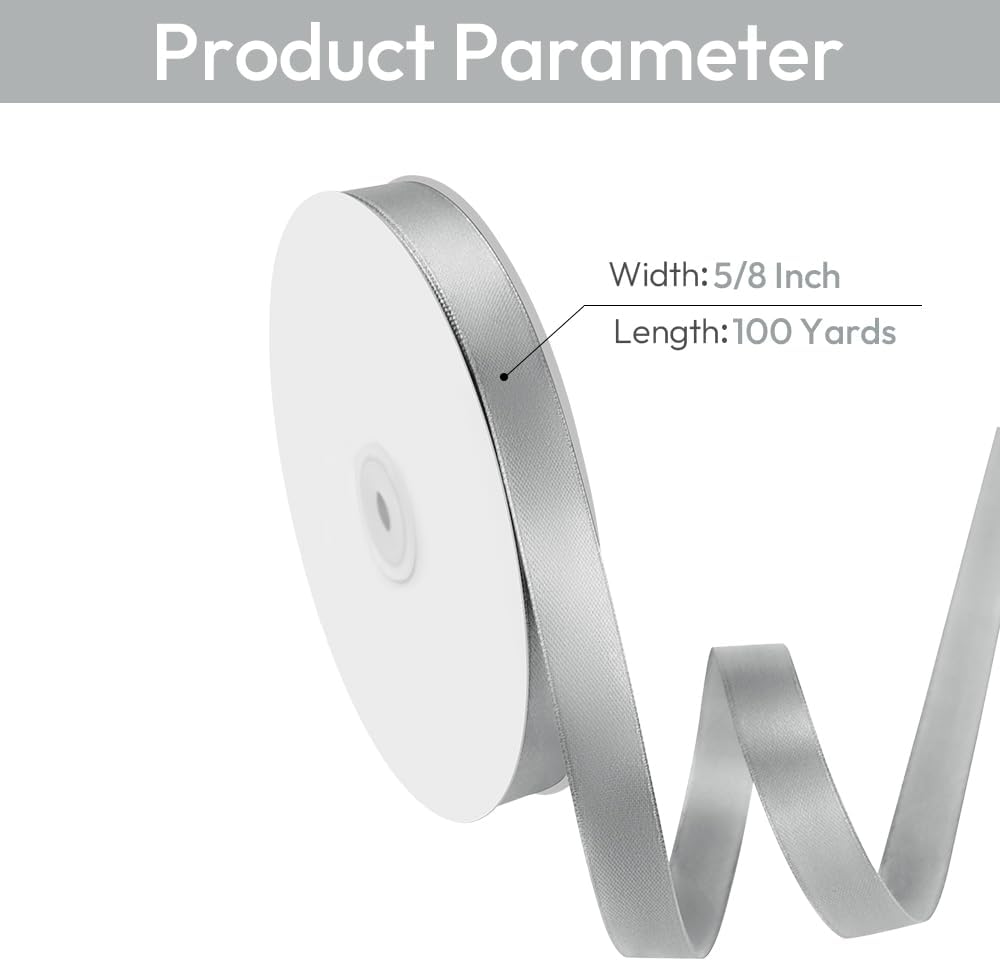 5/8" Width x 100 Yards Satin Ribbon, Silver Ribbon Perfect for DIY Craft, Bows, Gift Wrapping, Flower Bouquet, Valentine's Day, Christmas and Party Decoration