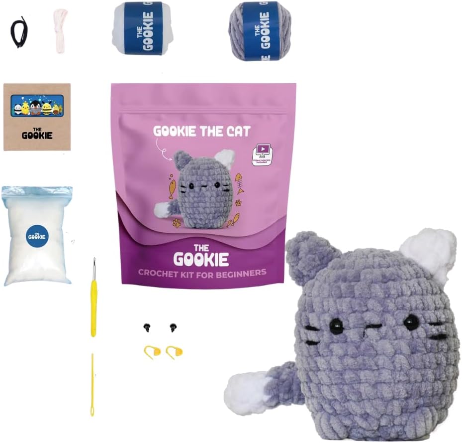 THE GOOKIE Amigurumi Crochet Kit for Beginners – DIY Crochet Kit with Yarn, Hook, Eyes & Stuffing – Easy Starter Set with Video Tutorials – Cute Plush Toy Craft Gift for Kids, Teens & Adults (Cat)