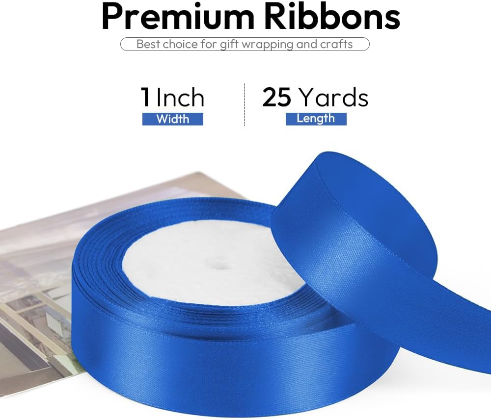 1 Inch 25 Yards Satin Ribbon Royal Blue, Solid Color Fabric Ribbon for Gift Wrapping, Wedding, Polyester Gift Ribbon for Birthday Party Decoration, Craft, Hair, Floral, Sewing