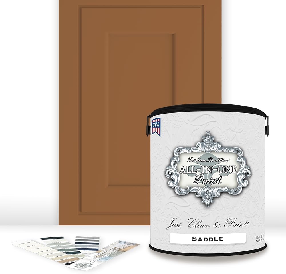 ALL-IN-ONE Paint, Durable cabinet and furniture paint. Built in primer and top coat, no sanding needed. Includes our 30 featured color card - Saddle (caramel brown), Gallon