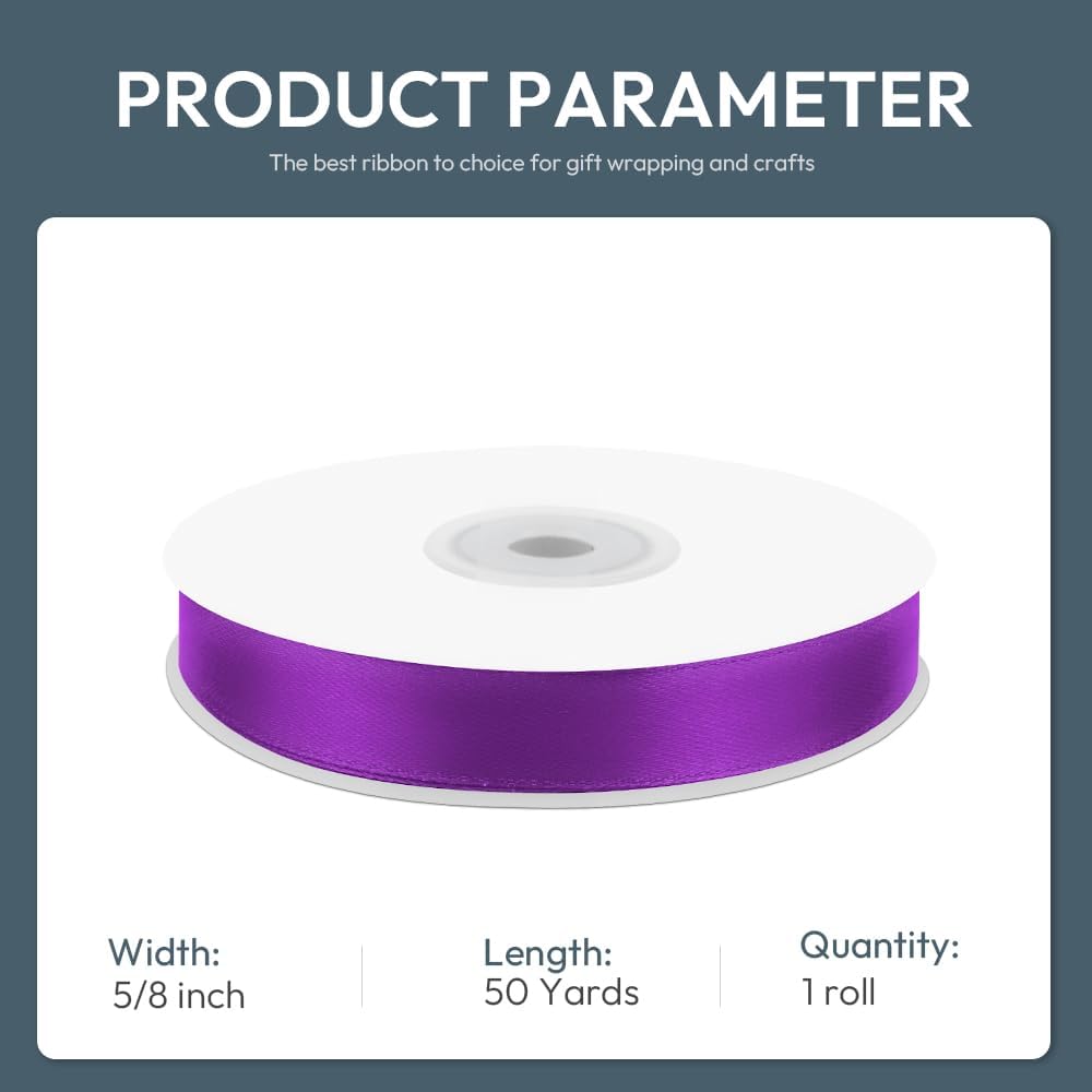 KMER LIFE 5/8" Wide x 50 Yards Purple Single Faced Polyester Satin Ribbon for Wedding Decor, Wreath, Crafts, Gift Wrapping & Other Projects