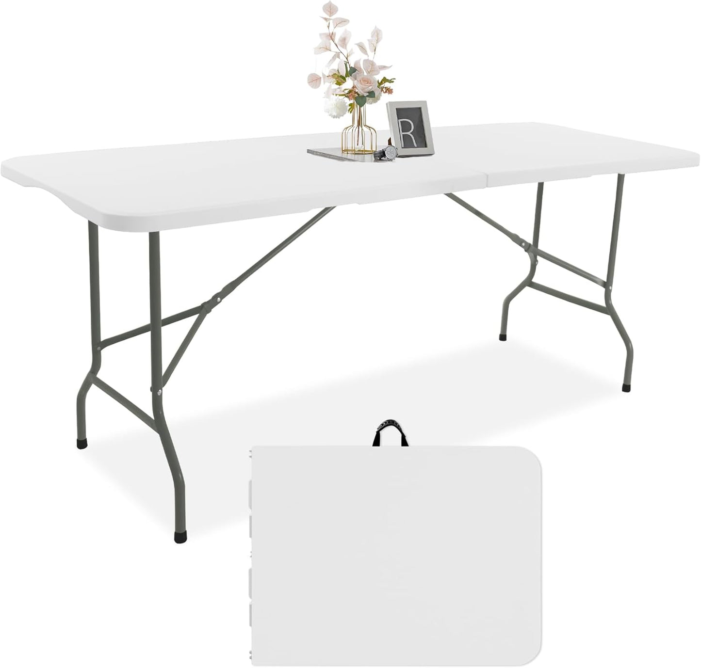 8 FT Folding Tables White Foldable Table, Fold-in-Half with Carrying Handle Portable Plastic Rectangular Table for Party, Dining, Wedding, Camping, Picnic, Indoor Outdoor Events
