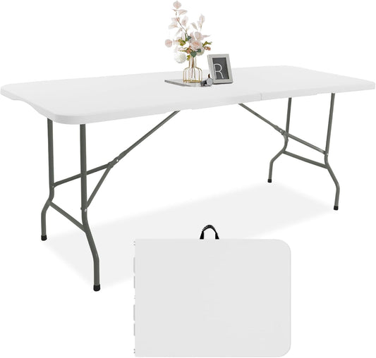 8 FT Folding Tables White Foldable Table, Fold-in-Half with Carrying Handle Portable Plastic Rectangular Table for Party, Dining, Wedding, Camping, Picnic, Indoor Outdoor Events