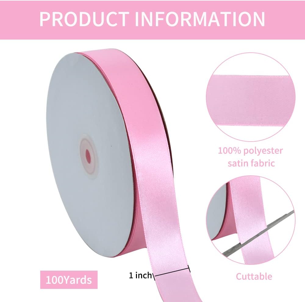 TONIFUL 1 Inch x 100yds Baby Pink Satin Ribbon, Thin Solid Color Satin Ribbon for Gift Wrapping, Crafts, Hair Bows Making, Wedding Party Decoration, Invitation Cards, Floral Bouquets, Christmas