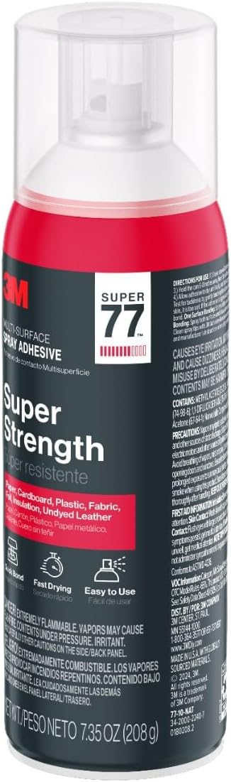 3M Super 77 Multi-Surface Spray Adhesive, 7.35 oz., Low VOC, Quick Bond, Fast Drying, Clear Finish for Foil, Foam, Paper, Metal, Plastic, Fabric, and Cardboard (77-10-NAT)