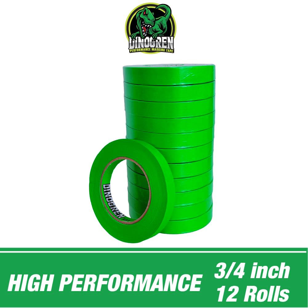 LAUCO DINOGREN High Performance Automotive Masking Tape (0.75 in x 60 yd, 12 Rolls) – Green Crepe Tape for Car Paint, Heat & Water Resistant, Body Shop Use, Clean Removal, Multi-Surface Application