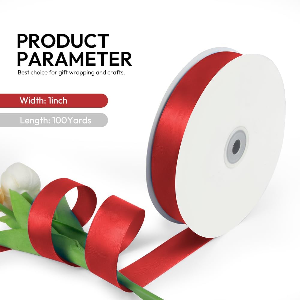 1 Inch 100 Yards Satin Ribbon Red, Solid Color Fabric Ribbon for Gift Wrapping, Wedding, Polyester Gift Ribbon for Birthday Party Decoration, Craft, Hair, Floral, Sewing