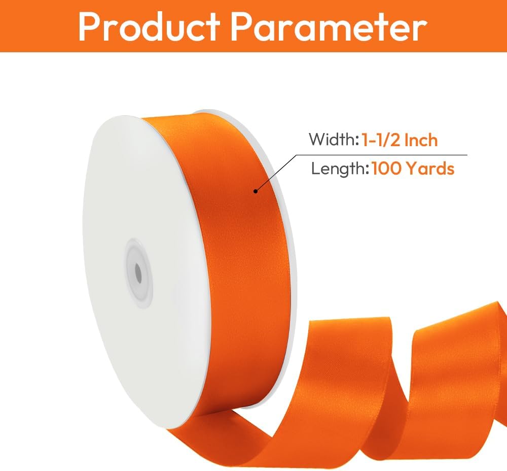 1-1/2" x 100 Yards Orange Ribbon, Orange Satin Ribbons for Gift Wrapping, DIY Craft, Flower Bouquet, Valentine's Day, Halloween and Birthday Party Decoration