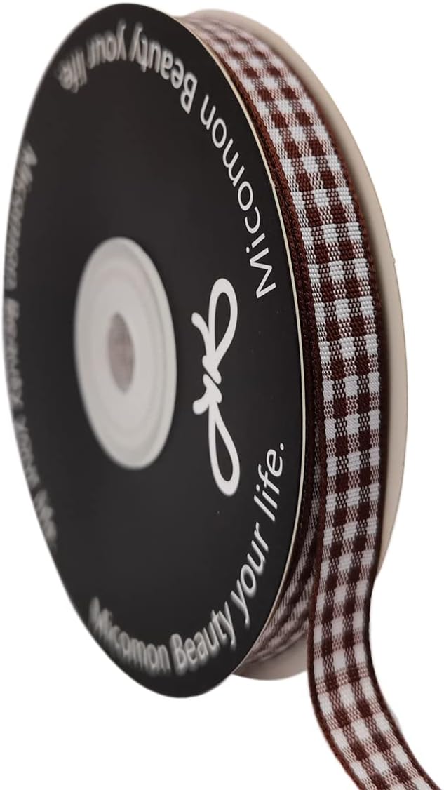 Brown Gingham Ribbon 25 Yards Christmas Ribbon for Crafts Plaid Checked Ribbon 100% Polyester (3/8", Brown)