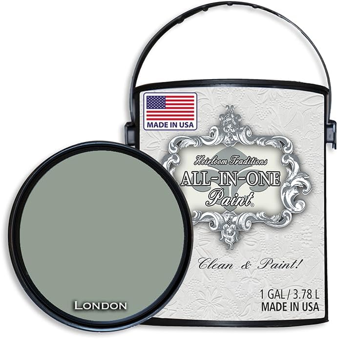 ALL-IN-ONE Paint, Durable cabinet and furniture paint. Built in primer and top coat, no sanding needed. Includes our 30 featured color card - London (green gray), Gallon