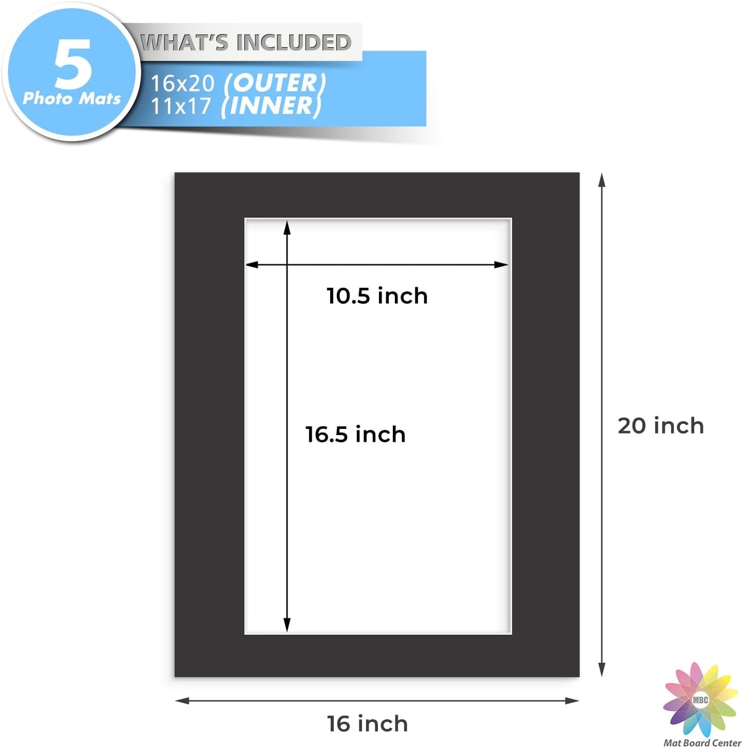 MBC Mat Board Center, 5 Pack 16x20 for 11x17 Black Picture Mats Frame Mattes, Bevel Cut, Acid Free, 4-ply Thickness