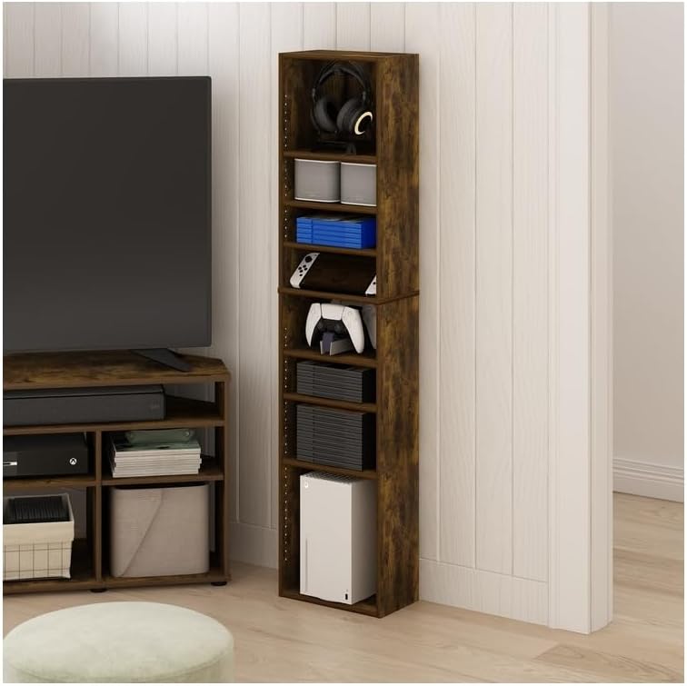 Adjustable Shelves Multimedia Storage Tower Rack with Spacious Media Organization, Durable Design, Versatile Rack for DVDs, CDs, Games, and More Amber Pine/8 Tier Narrow