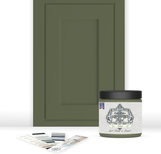 ALL-IN-ONE Paint, Durable cabinet and furniture paint. Built in primer and top coat, no sanding needed. Includes our 30 featured color card - Crete (olive green), 8oz Sample