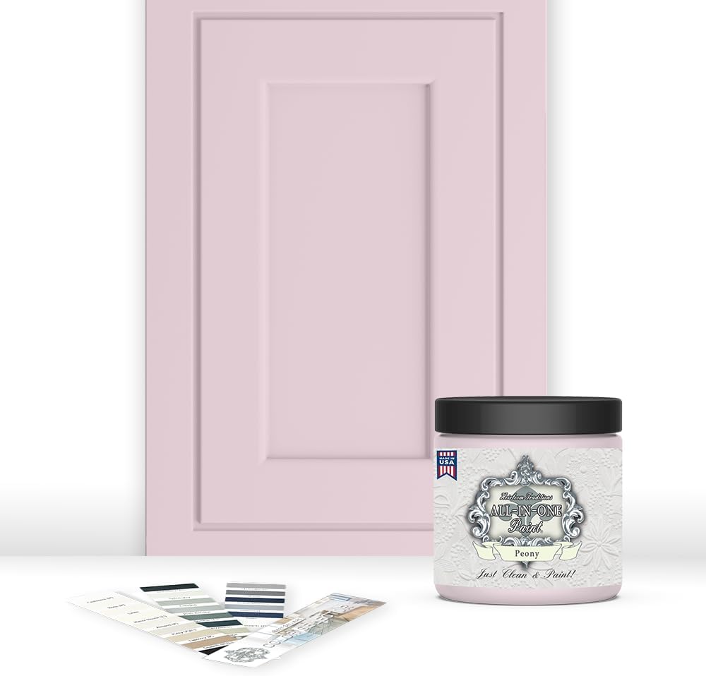 ALL-IN-ONE Paint, Durable cabinet and furniture paint. Built in primer and top coat, no sanding needed. Includes our 30 featured color card - Peony (pale pink), 8oz Sample