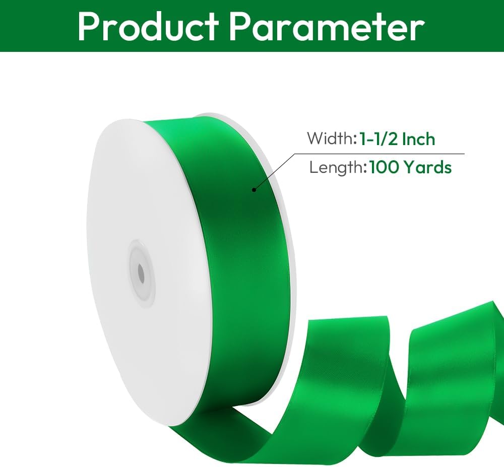1-1/2" Width x 100 Yards Satin Ribbon, Green Ribbon Perfect for DIY Craft, Bows, Gift Wrapping, Flower Bouquet, Valentine's Day, Christmas and Party Decoration
