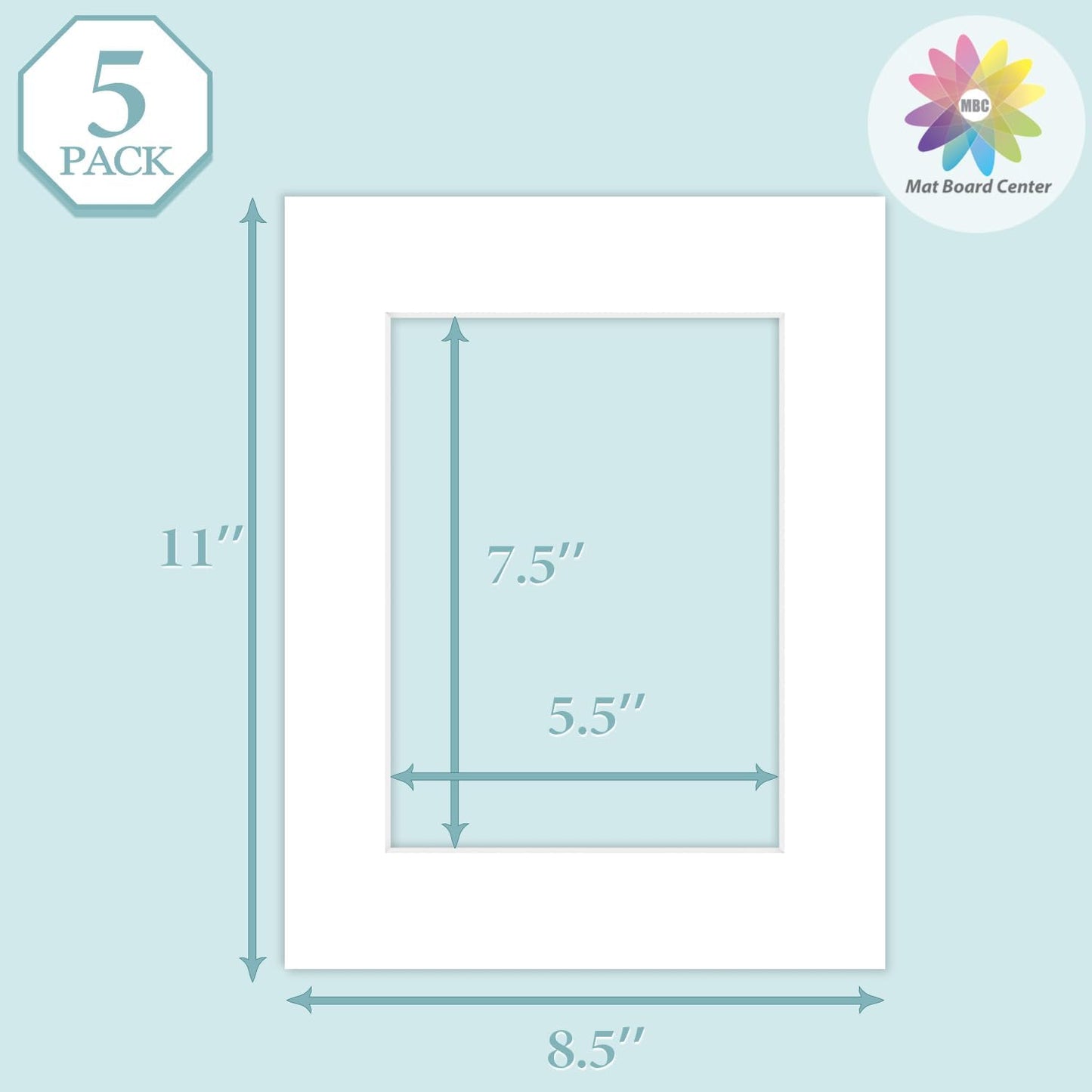 MBC Mat Board Center, 5 Pack 8.5X11 for 6X8 White Picture Mats Frame Mattes, Bevel Cut, Acid Free, 4-Ply Thickness
