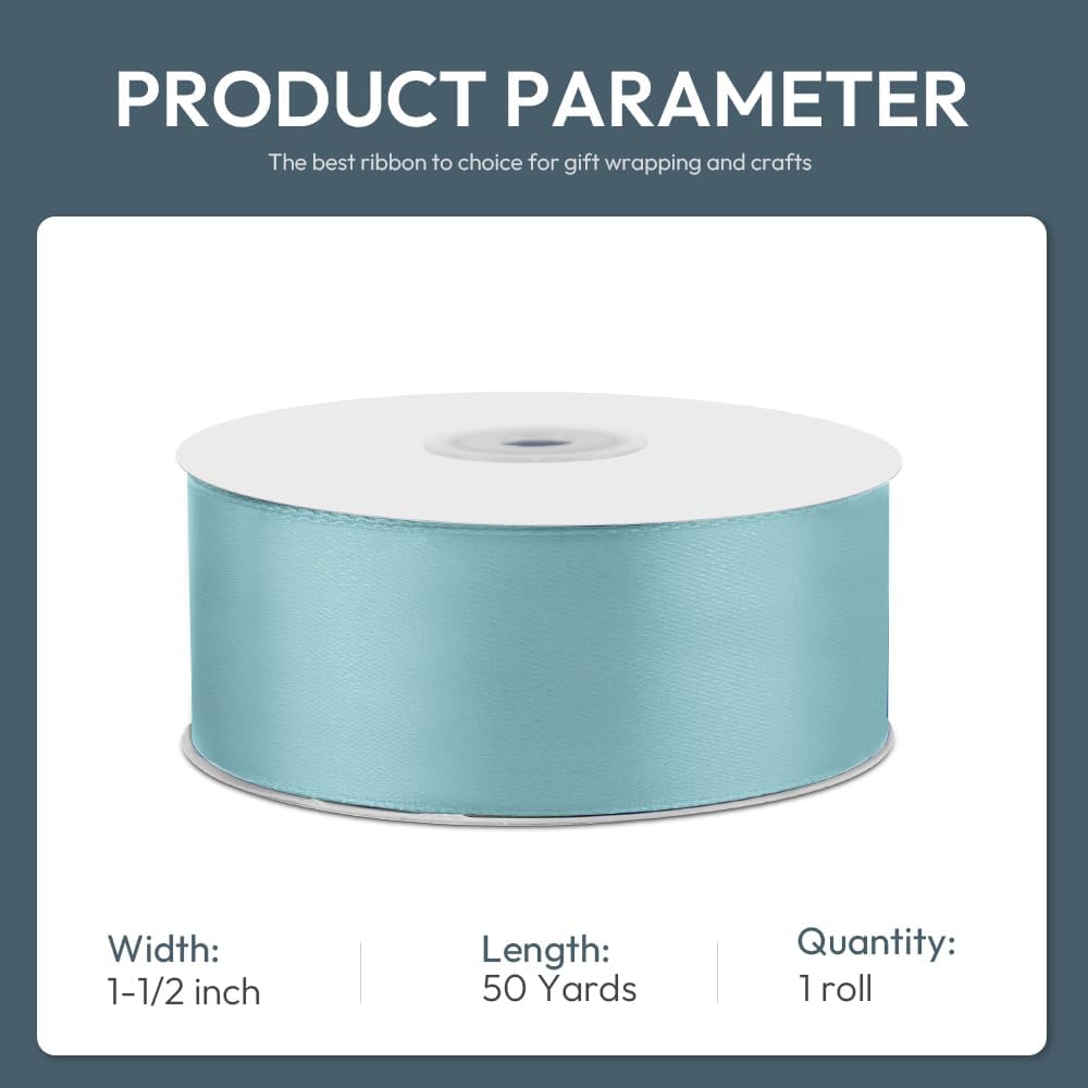 KMER LIFE 1-1/2" Wide x 50 Yards Baby Blue Single Faced Polyester Satin Ribbon - Perfect for Wedding Decor, Wreaths, Crafts, Gift Wrapping & Other Projects