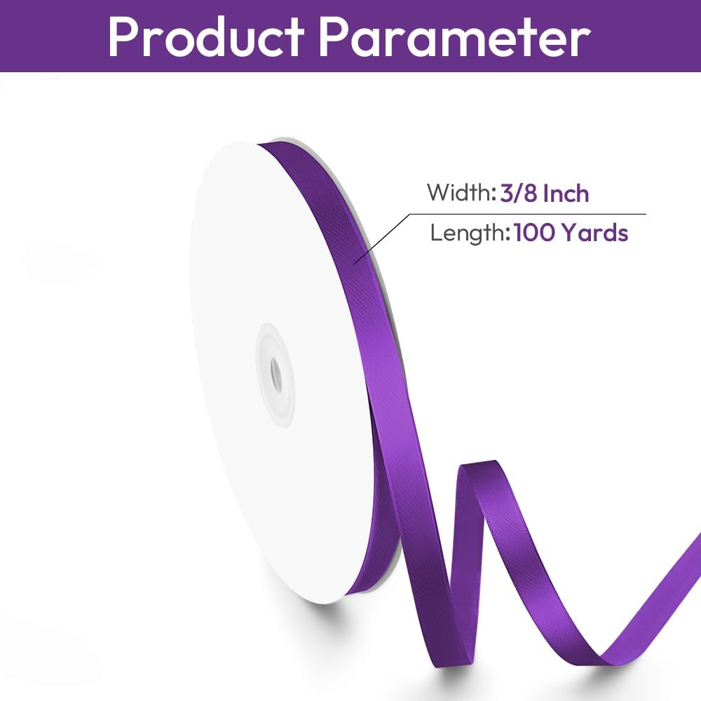 3/8" Width x 100 Yards Satin Ribbon, Thin Purple Ribbon Perfect for DIY Craft, Bows, Gift Wrapping, Flower Bouquet, Valentine's Day, Christmas and Halloween Party Decoration
