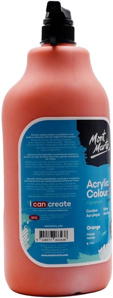 Mont Marte Discovery School Acrylic, Orange, 1/2 Gallon (2 Liter). Ideal for Students and Artists. Excellent Coverage and Fast Drying. Pump Lid Included.