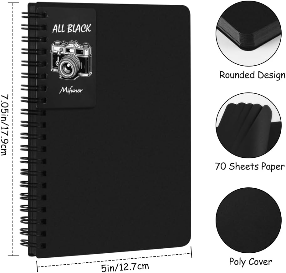 5x7in Black Paper Mixed Media Sketchbook, 110gsm Spiral Bound Art Journal Sketchbook, 70Sheets Acid-Free Travel Pocket Sketch Pad for Drawing, Illustration, Ideal for Most Dry Media