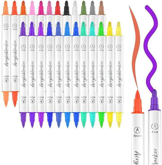 Acrylic Paint Marker Pens 24pcs, Dual Tip Pens With Soft and Hard Tips, Fine Point Acrylic Paint Markers for Wood, Canvas, Stone, Rock Painting, Glass, Ceramic Surfaces, DIY