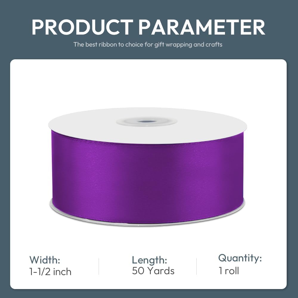 KMER LIFE 1-1/2" Wide x 50 Yards Purple Satin Ribbon - Perfect for Wedding Decor, Crafts, Gift Wrapping & Other Projects