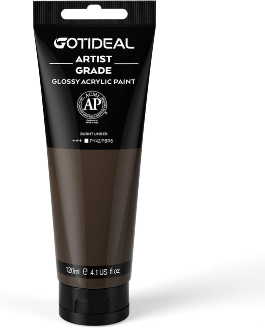 GOTIDEAL Acrylic Paint Burnt Umber Tubes(120ml, 4.1 oz) Non Toxic Non Fading,Rich Pigments for Painters, Adults & Kids, Ideal for Canvas Wood Clay Fabric Ceramic Craft Supplies (Burnt Umber)