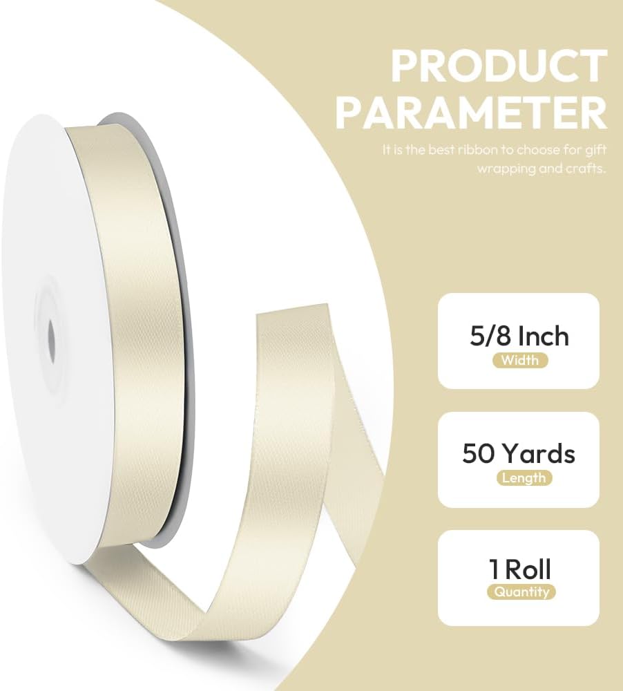 5/8" x 50 Yards Satin Ribbon - Ivory Silk Ribbon with Spool - Ideal for Gift Wrapping, Floral Bouquets, Crafts, Wedding Party Decorations, Christmas and Sewing Projects