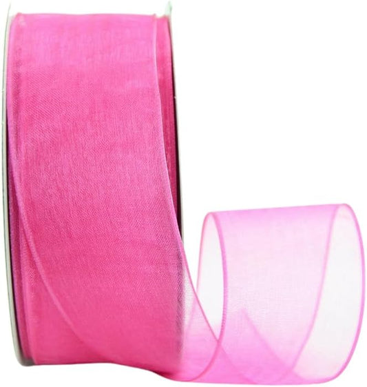 Ribbon Bazaar Sheer Organza Wired Ribbon - 100% Polyester Wire Edged Ribbon for Floral Decor, Table Arrangements, Apparel Embellishment & More - 1-1/2" Shocking Pink 25yd