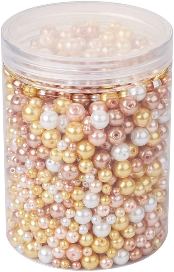 About 1695Pcs 4/6/8mm Glass Pearl Beads Pearlized Beads Multi Colors Round Spacer Beads for DIY Craft Jewelry Making Hole: 1mm, Mixed Gold