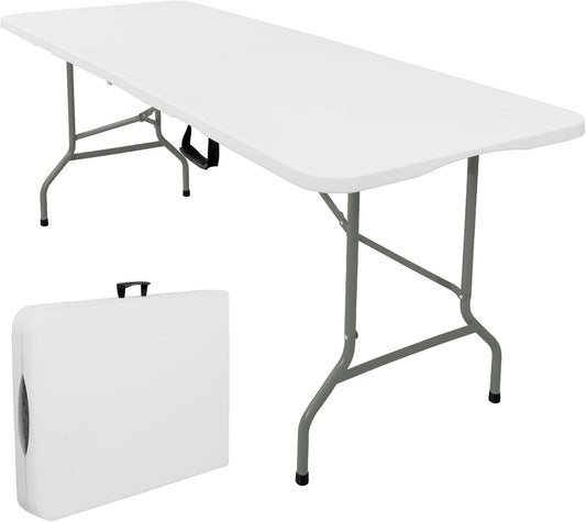 Folding Tables with Carrying Handle Heavy Duty Rectangular Portable Plastic Camping Table Steel Legs for Party, Dining, Wedding, Events, Picnic Indoor, Outdoor (8FT, White)