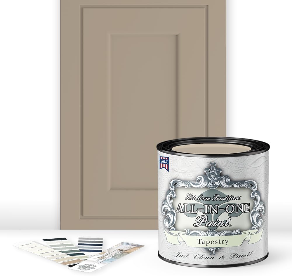 ALL-IN-ONE Paint, Durable cabinet and furniture paint. Built in primer and top coat, no sanding needed. Includes our 30 featured color card - Tapestry (khaki brown), Quart