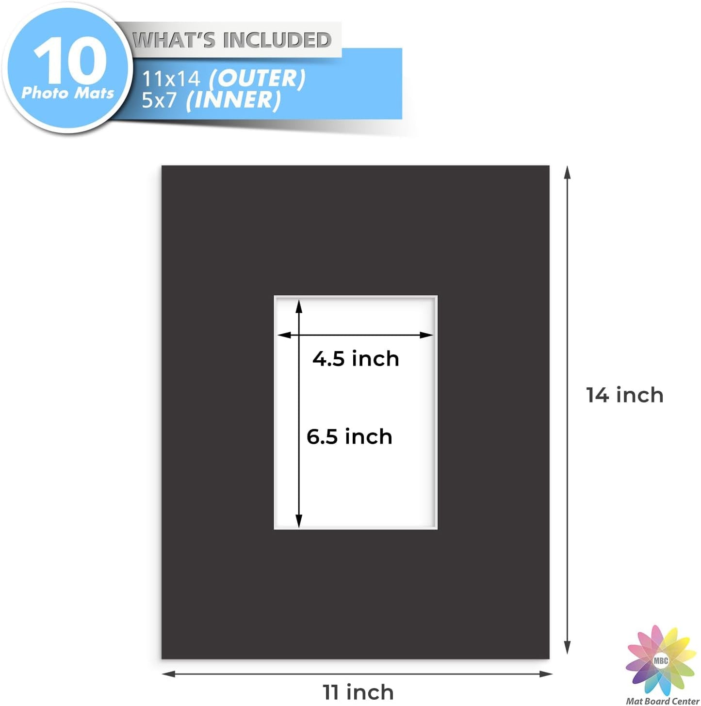 MBC MAT BOARD CENTER, 10 Pack 11x14 for 5x7 Black Picture Mats Frame Mattes, Bevel Cut, Acid Free, 4-ply Thickness