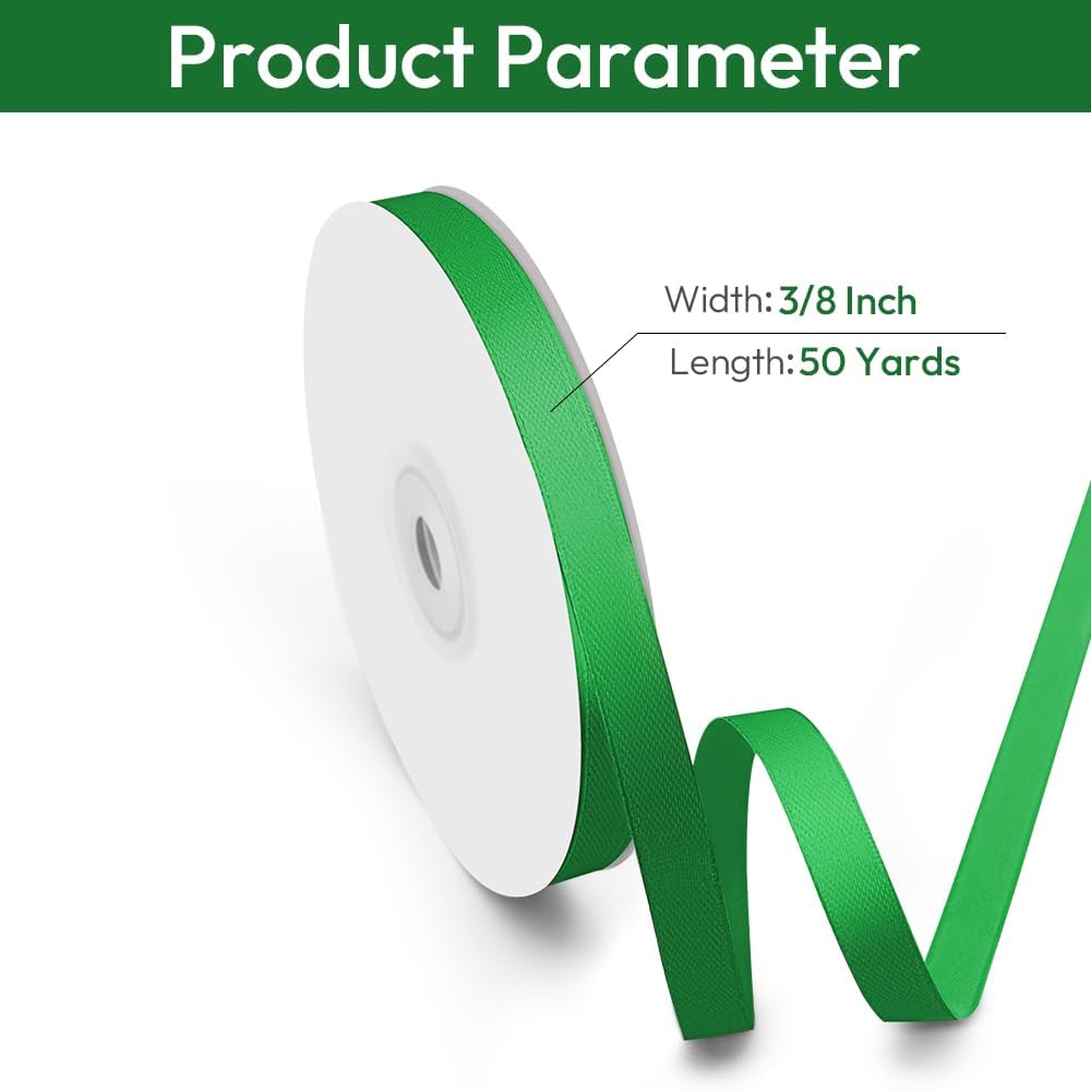 3/8" Width x 50 Yards Satin Fabric Ribbon, Green Ribbon Perfect for DIY Bows, Swags, Gift Wrapping, Craft, Flower Bouquet，Christmas and Party Decoration