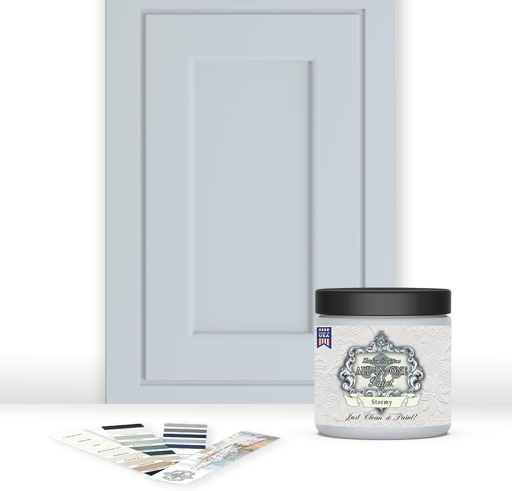 ALL-IN-ONE Paint, Durable cabinet and furniture paint. Built in primer and top coat, no sanding needed. Includes our 30 featured color card - Stormy (pastel blue), 8oz Sample