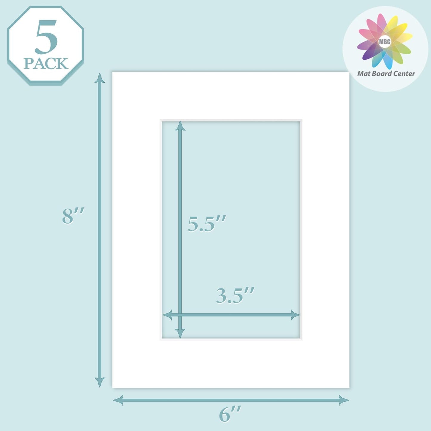 MBC Mat Board Center, 5 Pack 6x8 for 4x6 White Picture Mats Frame Mattes, Bevel Cut, Acid Free, 4-ply Thickness