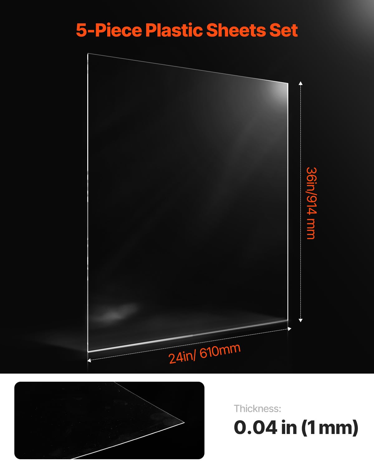 VEVOR PET/Plexiglass Sheets, 5-Pack Plastic Sheet, 24 x 36 Inch 0.04 Inch Thick Transparent Clear Flexible Plastic Panels for Craft, Replacement Picture Frame Glass, DIY Display Project, Easy to Cut