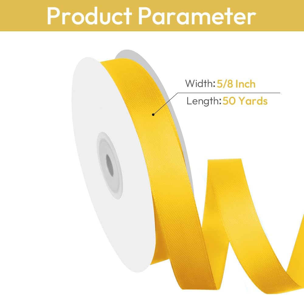 5/8" Width x 50 Yards Satin Fabric Ribbon, Yellow Ribbon Perfect for DIY Bows, Swags, Gift Wrapping, Craft, Flower Bouquet，Christmas and Party Decoration