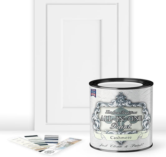 ALL-IN-ONE Paint, Durable cabinet and furniture paint. Built in primer and top coat, no sanding needed. Includes our 30 featured color card - Cashmere (true white), Quart