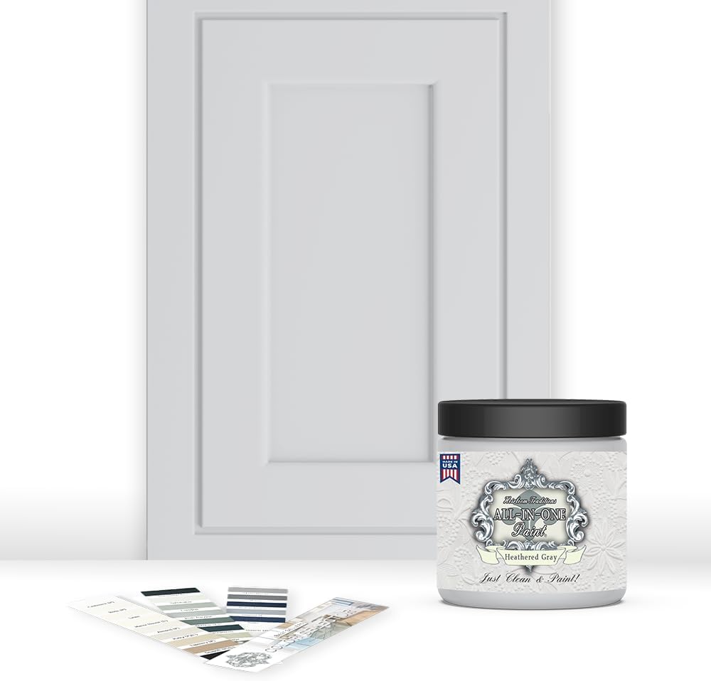 ALL-IN-ONE Paint, Durable cabinet and furniture paint. Built in primer and top coat, no sanding needed. Includes our 30 featured color card - Heathered Gray (light cool gray), 8oz Sample